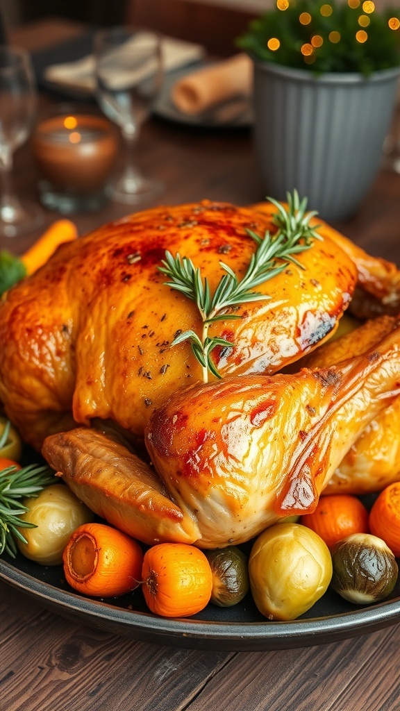 A golden-brown roasted turkey garnished with herbs, surrounded by vegetables on a rustic table.